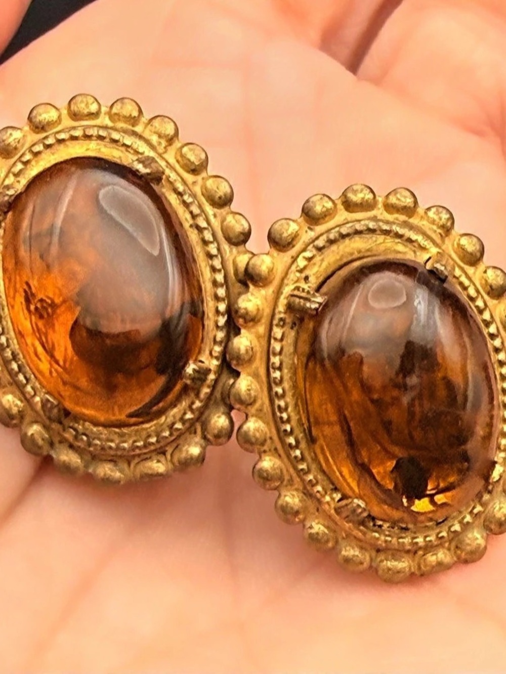 Vintage Miriam Haskell Amber Art Glass Cabochon Clip Earrings Signed HASKELL